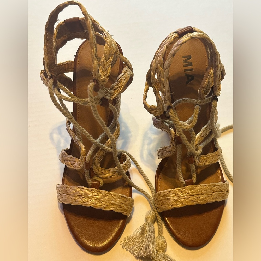 MIA Braided Lace-Up Tan Gladiator Sandals, Size 9